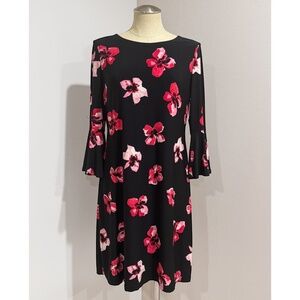 Tommy Hilfiger Women's Black Floral Print Bell Sleeve Stretch Dress Size 12
